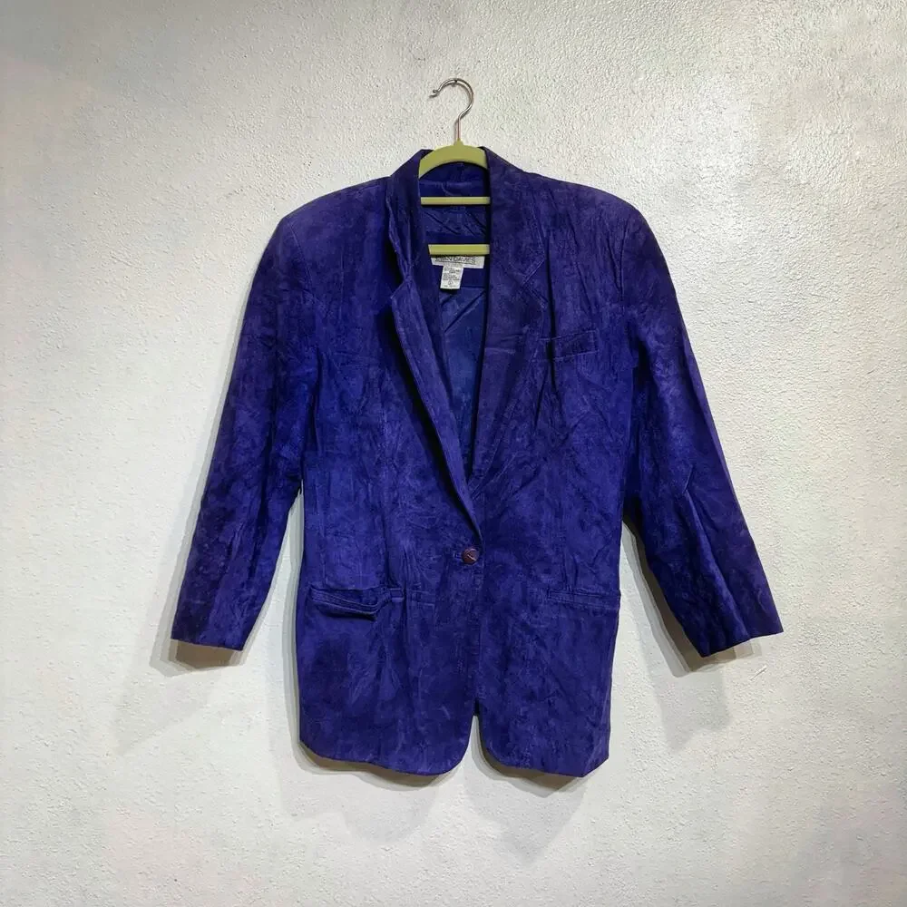 Evan Davies Blue Suede Leather One Button Vintage Blazer Sz 6